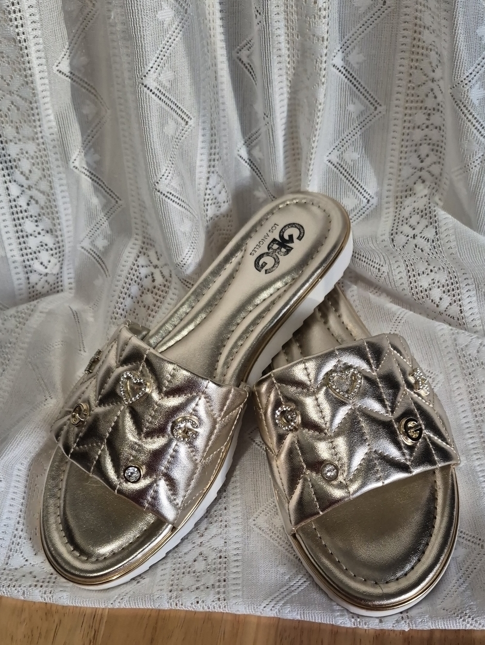 GBG Los Angeles Metallic Gold Quilted Slide Sandals